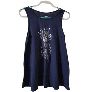 Sonoma Womens Navy Blue Sleeveless Tank Top With Gold Pineapple Print M Cotton/P